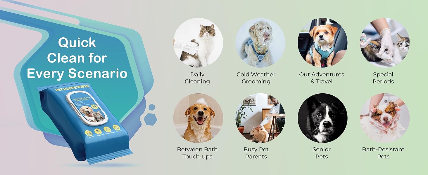 Dog wet wipes in glove form provide easy full body cleaning with a soft grooming touch