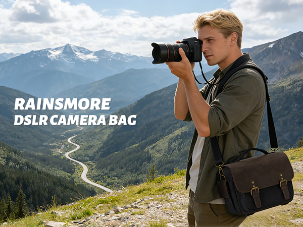 Text reads 'RAINSMORE DSLR CAMERA BAG'. Photography sequence in mountain landscape showing camera bag usage with scenic mountain backdrop.
