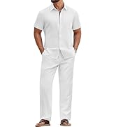 COOFANDY Mens 2 Piece Sets Summer Outfits Short Sleeve Button Down Shirt Loose Pant Sets Beach Va...