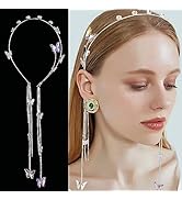 AHONEY Butterfly Rhinestone Headband Gold Head Chain Tassels Rave Vintage Wedding Fairy Crystal H...