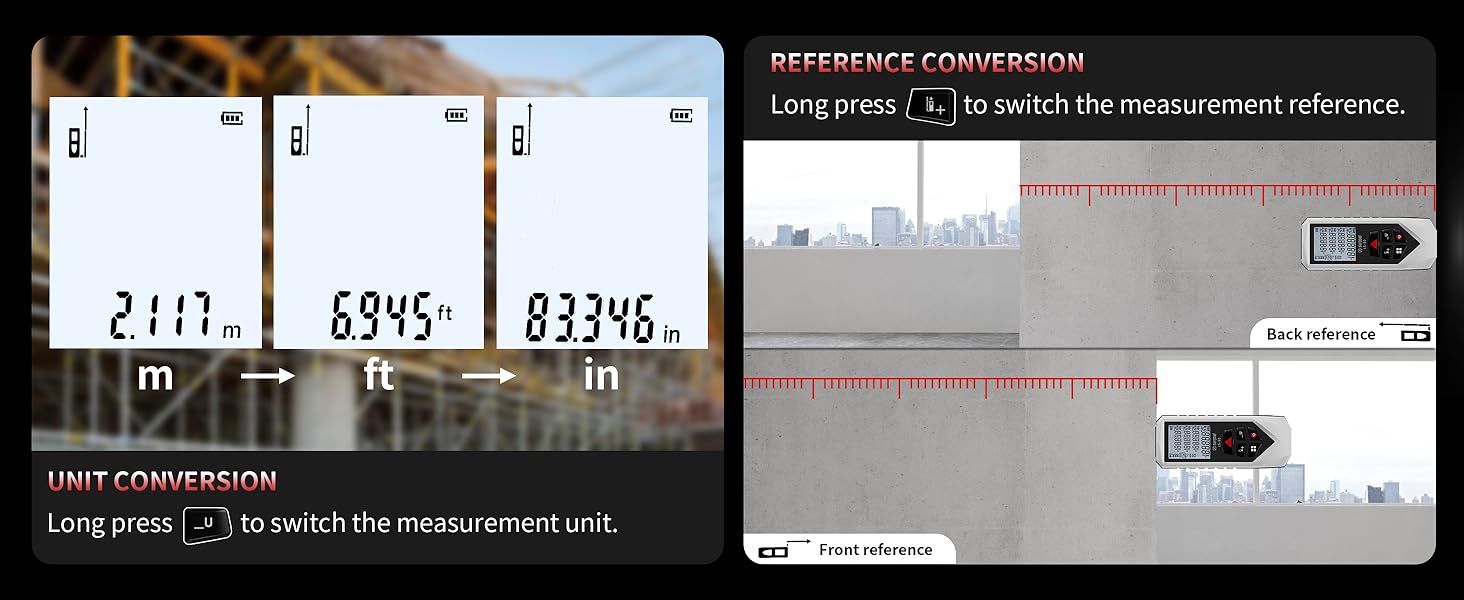 Laser meter. Unit and reference switch for easy measuring.