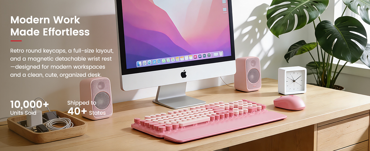 Blush Pink retro round-keycap wireless keyboard mouse with magnetic wrist rest on tidy desk