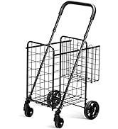 Goplus Folding Shopping Utility Cart, Double Basket and 360° Swivel Wheels, Adjustable Handle, Sm...