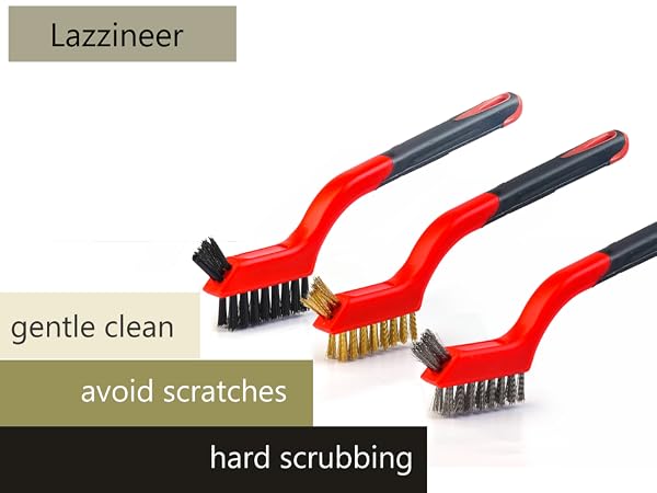 Wire Brush Set 3Pcs - Nylon/Brass/Stainless Steel Bristles with Curved Handle Grip