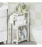 AmazerBath White Toilet Paper Holder Storage - 3 Tier Bamboo Mobile Storage Shelf, Small Bathroom...