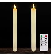 Homemory 2 Pcs Real Wax Made Flameless Taper Candles with Remote and Timer, 9.6" Ivory Battery Op...