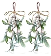 2 Pack Artificial Mistletoe Hanging Ornaments, 9 Inches Length, White Berries, Christmas Décor fo...