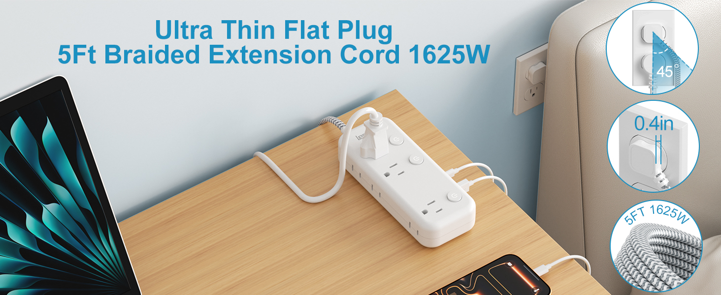Flat Plug Power Strip Slimmer Than Traditional Plugs