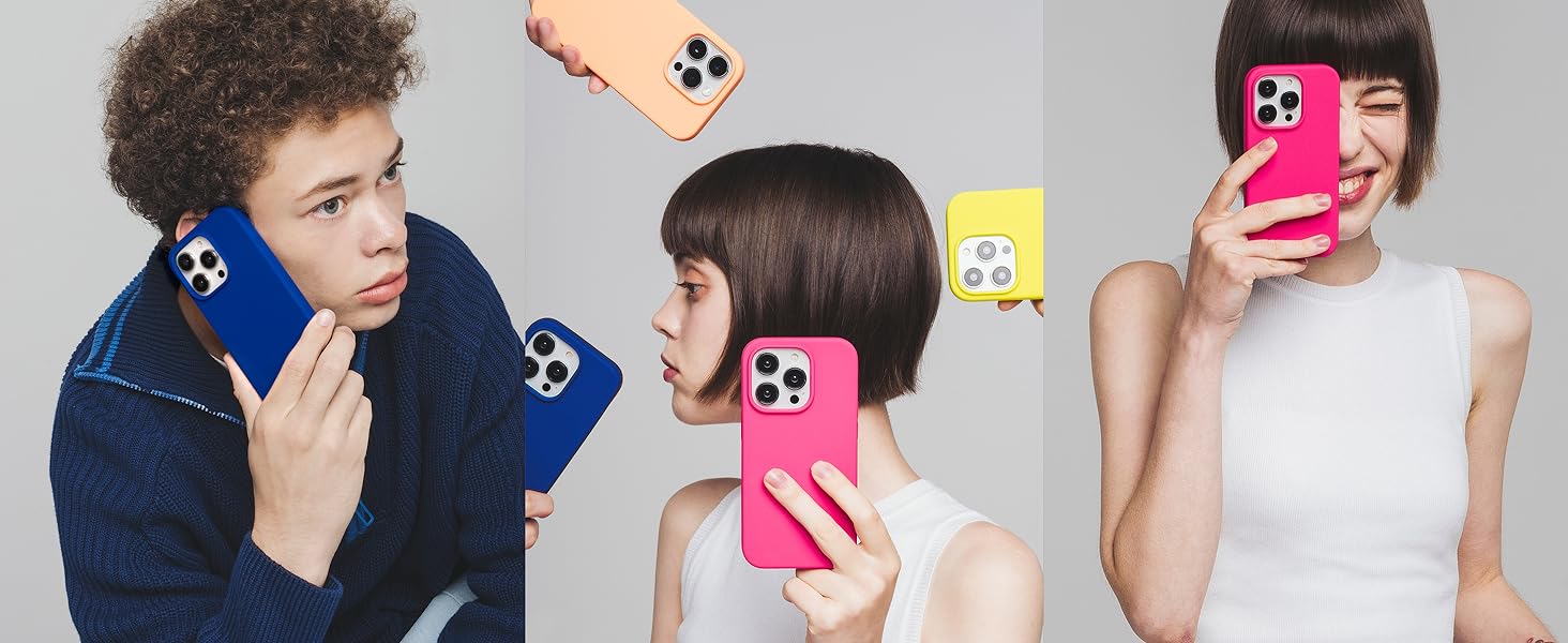 Colorful smartphone cases demonstrated by three people holding phones to their faces, showcasing blue, yellow, and pink options.