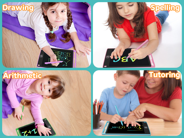 Text reads 'Drawing, Spelling, Arithmetic, Tutoring'. Educational scenes showing writing and learning activities on electronic tablets or surfaces.