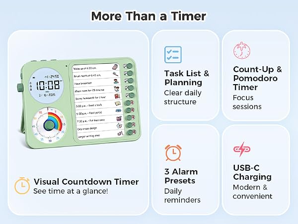 3 in 1 Visual Timer ADHD Tool Kids Adults Task Schedule Chore Planning Board Home green