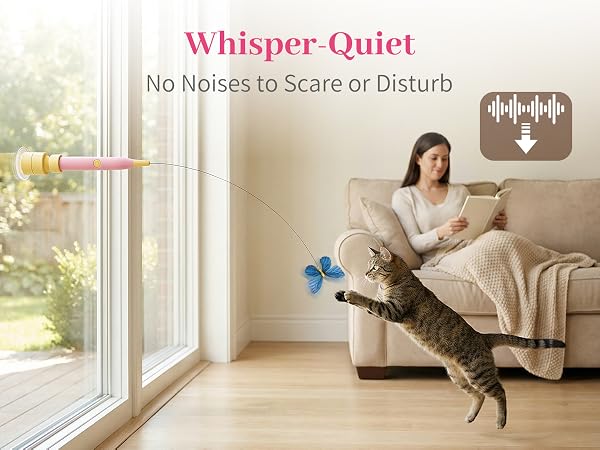 Cat plays quietly with butterfly teaser, ultra-silent design won’t disturb you while relaxing.