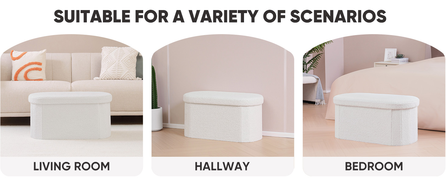 Three identical white storage ottomans shown in different room settings: living room, hallway, and bedroom.