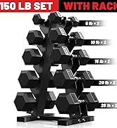 five pairs (5, 10, 15, 20, and 25 lbs) with rack