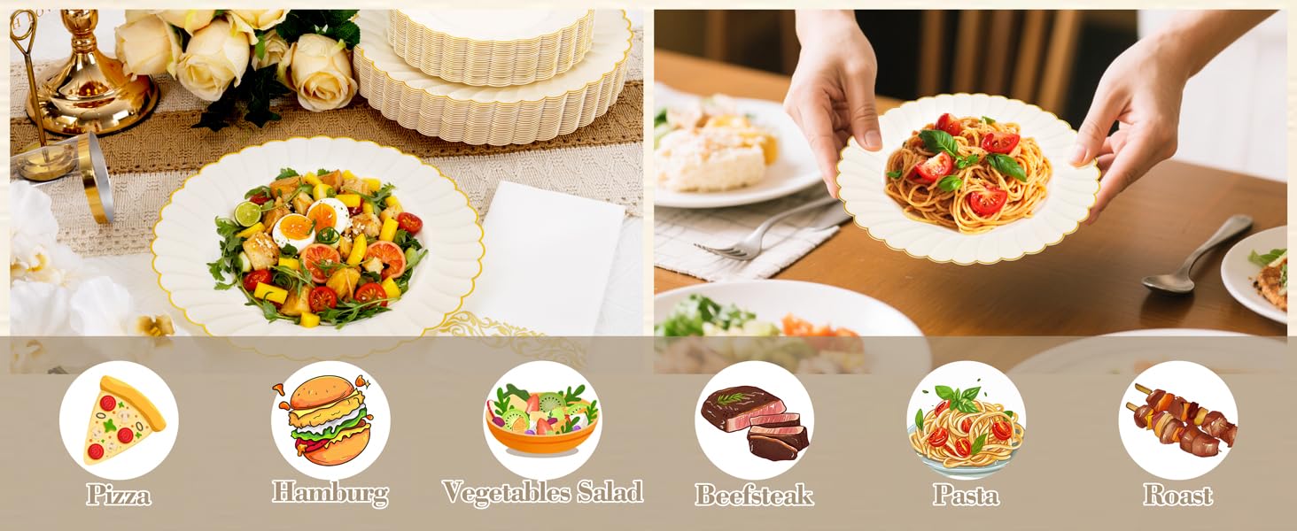 100 Pack Ivory Scalloped Plastic Plates - 7.25 Inch/10.25 Inch Gold Disposable Plates with Gold Rim