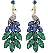 Vintage Peacock Dangle Earrings for Women 14K Gold Plated Green Crystal Feather Peafowl Statement...