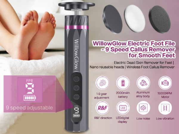 WillowGlow 9-speed electric foot file with replaceable nano heads