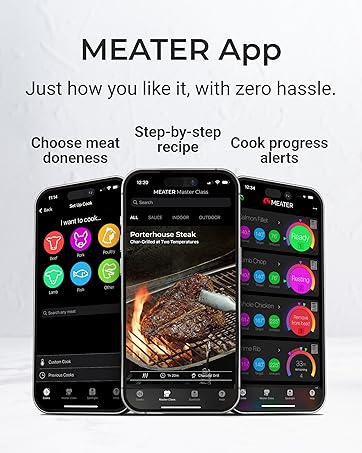 MEATER App interface showcasing meat doneness selection, step-by-step recipes, and cook progress alerts on smartphone screens. Features colorful circular icons.
