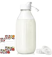 Syntic Square Liter Glass Milk Bottles with Airtight Lid - 100% Leak-Proof Heavy Duty Screw Cap, ...