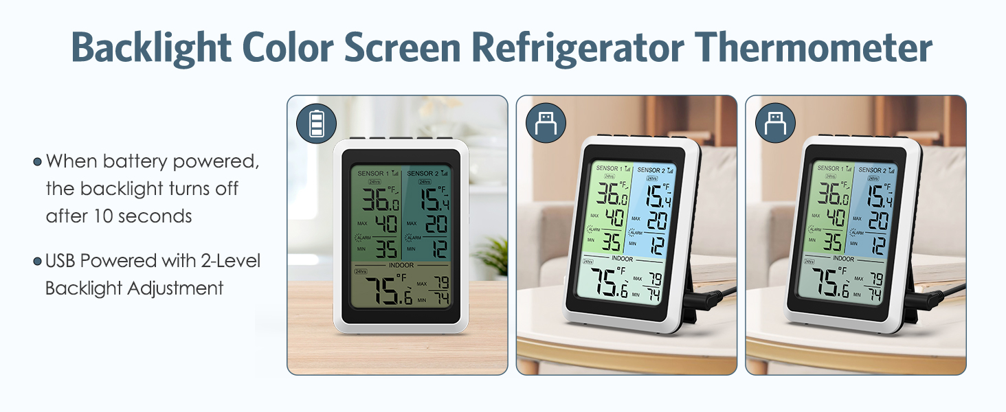 Refrigerator Thermometer with Freezer Alarm, Digital Wireless Fridge Thermometer with 2 Sensors