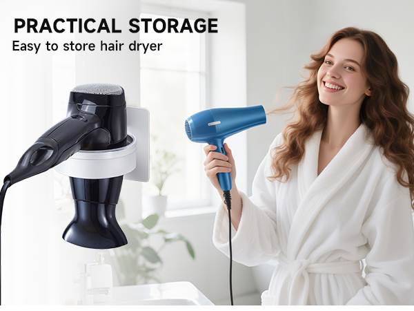 Text reads 'PRACTICAL STORAGE Easy to store hair dryer'. Shows wall-mounted black hair dryer holder and demonstration of hair dryer use.