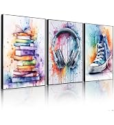 Frimeeme 3Pcs Headphones Books Sneakers Print Poster,3 Piece Set for Teen Bedroom Decor,12x16 inc...