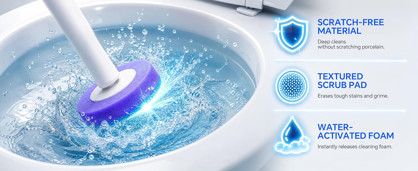 Water-activated disposable toilet wand pad releases foam to erase grime without scratching.