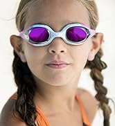 girl wearing pink and gray arena swim goggles and a black and orange arena swimsuit