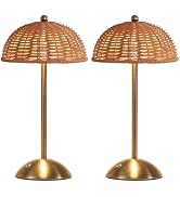 2 Pack Cordless Rattan Table Lamp,Small Boho Wicker Lamp,Rechargeable LED Desk Lamp with Touch Co...