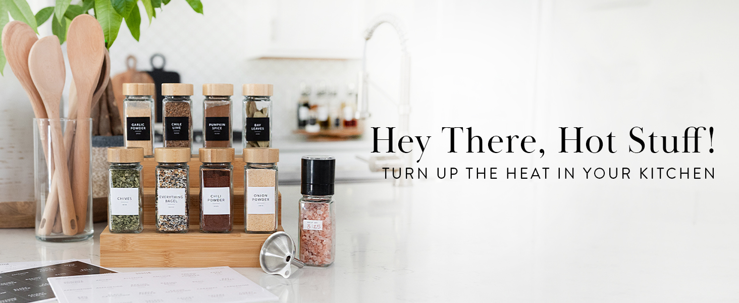spice jars, bamboo spice jars, home organization, savvy and sorted, spice, labels, funnel, grinder