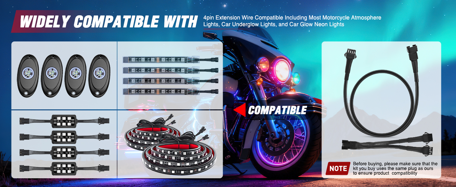 4PCS 4 Pin RGB Motorcycles Light Extension Wire
