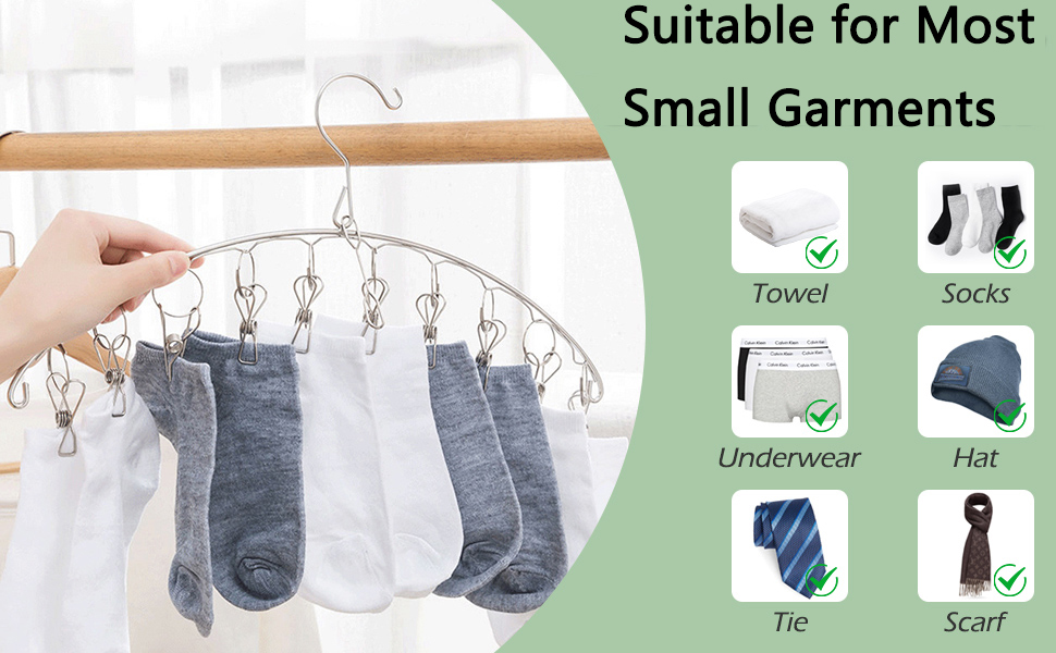 Circular clothes hanger with multiple clips, demonstrated holding socks. Infographic shows it's suitable for small garments like underwear, socks, and ties.
