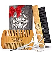 Viking Revolution Beard Comb & Beard Brush Set for Men - Natural Boar Bristle Brush and Dual Acti...