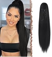 FESHFEN Straight Ponytail Extensions Long Drawstring Pony Tails Natural Synthetic Hairpiece Clip ...