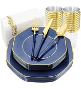 KIRE 140Pcs Blue Plastic Plates with Gold Rim - Gold Disposable Plastic Silverware with Blue Hand...