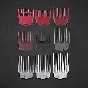 • Standard Fixed Combs – 9 combs provide consistent cutting lengths for a variety of styles.