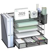 WALI Desk File Organizer, 5 Tier Desktop Paper Letter Tray Organizer with Drawer and 2 Pen Holder...