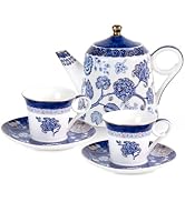 Tea Pot and Tea Cup Set, Ceramic Tea Set for Adults, Royal Blue Tea Cups and Saucers Set for Afte...