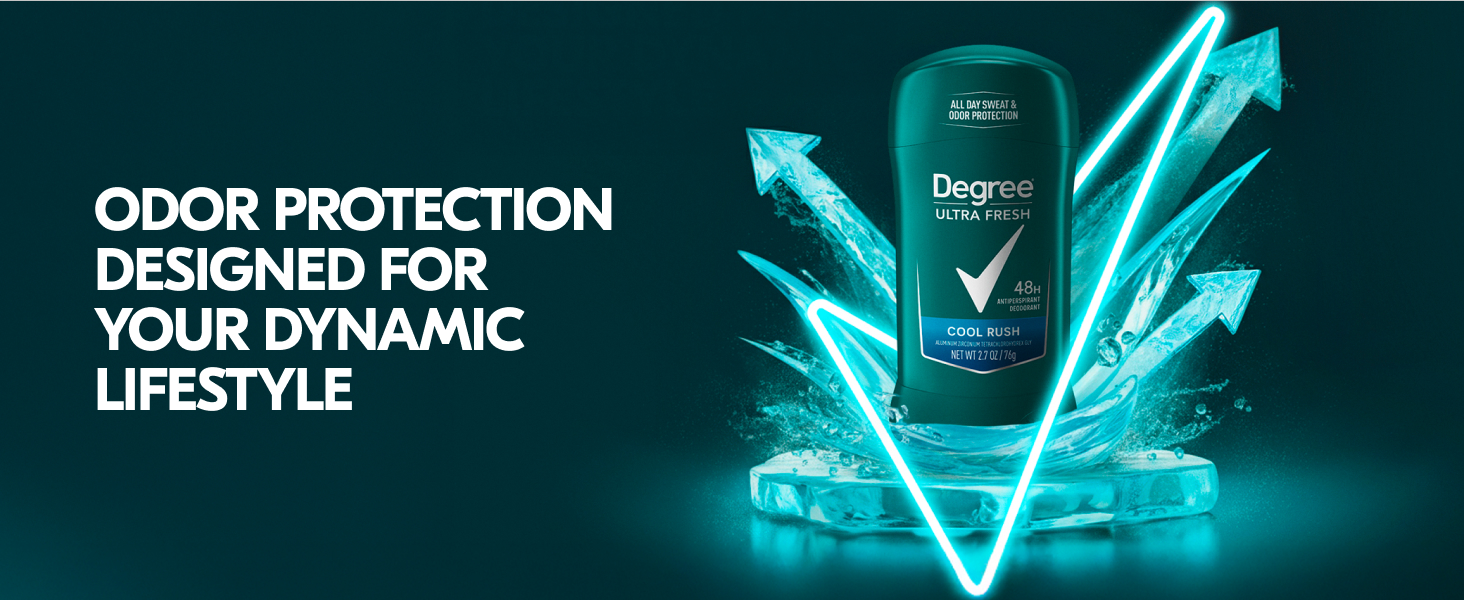 Degree Ultra Fresh Cool Rush Deo Stick on top of ice with arrows shooting up and the logo upfront.