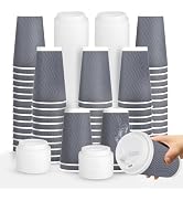 LEAGIM 100 Set - 16 oz Coffee Cups with Lids, Disposable Insulated Corrugated Paper Cups, Double ...