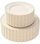 By Madee HEAVYWEIGHT 100 Ivory Scalloped Plastic Plates with Gold Trim | 50 Dinner Plates & 50 De...