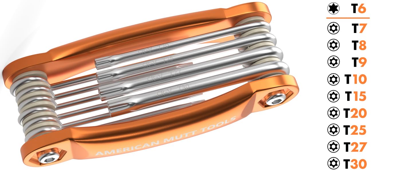 Folding security torx set with labeled sizes T6 to T30, displayed with an orange metallic casing.