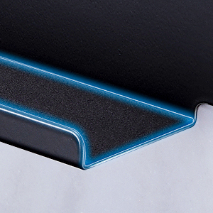 Close-up of a sleek black desktop stand or riser with blue LED accent lighting along its edges, showcasing a modern design for electronics.