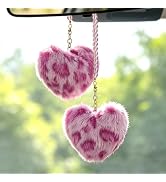 YGMONER Leopard Fuzzy Heart Car Mirror Hanging Accessories, Pair of Fluffy Cheetah Heart Shape