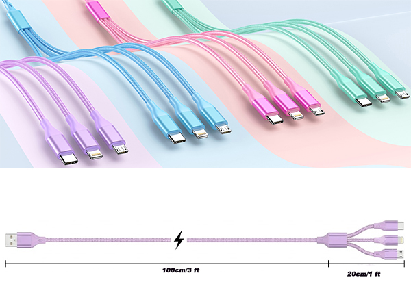 purple blue pink green charging cords for iphone 17-5 usb c multi cable 4ft lightning cable braided