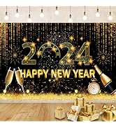Happy New Year Party Backdrop Banner, 2024 Large Fabric Black Gold Glitter Photo Booth Sign Poste...