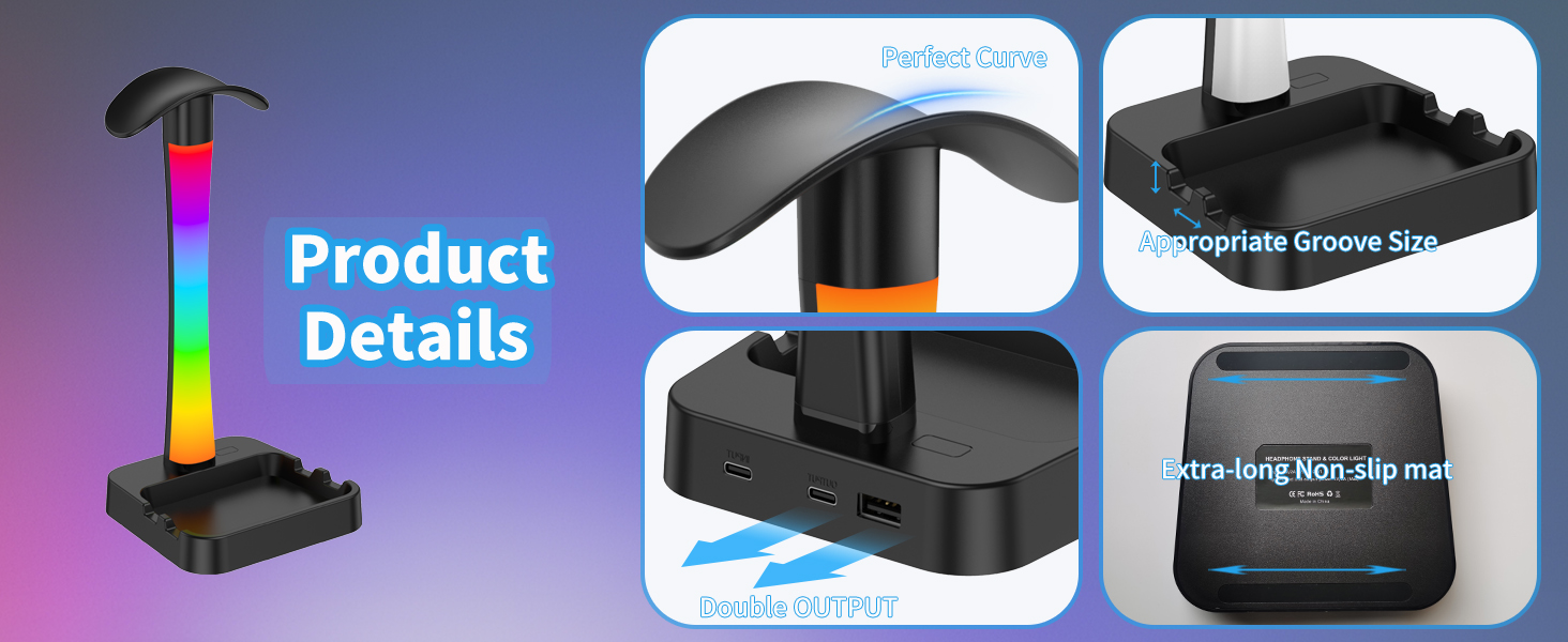 Headphone Stand with Charger,Headset stand with RGB Light