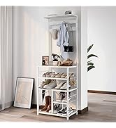 GiftGo Modern White Large 5-Tier Hall Tree Entryway Wooden Shoes Rack Shelf Coat Rack with Movabl...