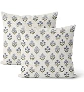 DAFENA Blue Green Pillow Covers 18x18 Inch 2 Pcs Block Print Vintage Floral Decor Throw Pillows B...
