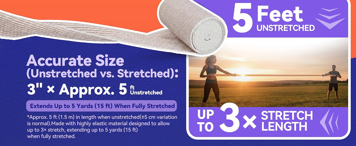 4-inch elastic bandage measures 5 ft unstretched and stretches up to 3 times longer